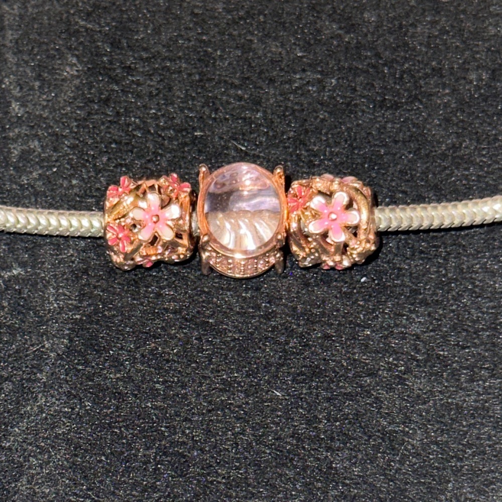 3 Rose Gold Charms with Pink Flowers